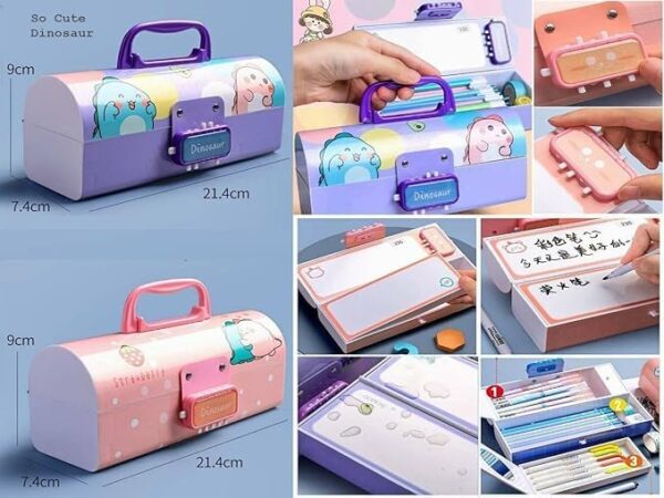 Plastic Kids Pen & Pencil Box Suitcase Style Password Lock Case, Multi-Layer for Kids,Boys,Girls,Stationary Organizer Case Kids,Return Gift Kids(Dinosaur-Purple) - Image 4