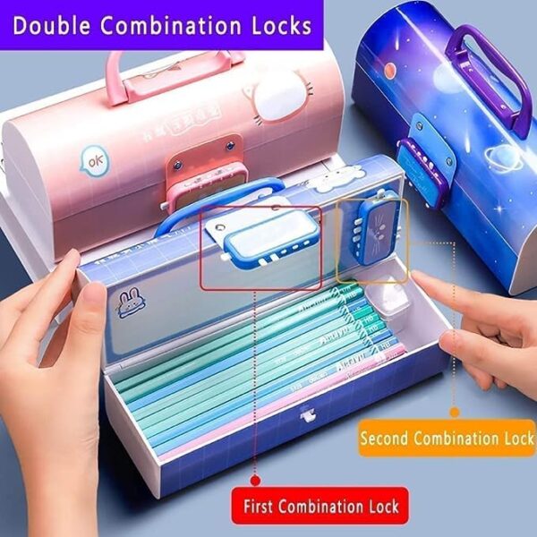 Plastic Kids Pen & Pencil Box Suitcase Style Password Lock Case, Multi-Layer for Kids,Boys,Girls,Stationary Organizer Case Kids,Return Gift Kids(Dinosaur-Purple) - Image 3