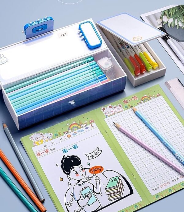 Plastic Kids Pen & Pencil Box Suitcase Style Password Lock Case, Multi-Layer for Kids,Boys,Girls,Stationary Organizer Case Kids,Return Gift Kids(Dinosaur-Purple) - Image 2