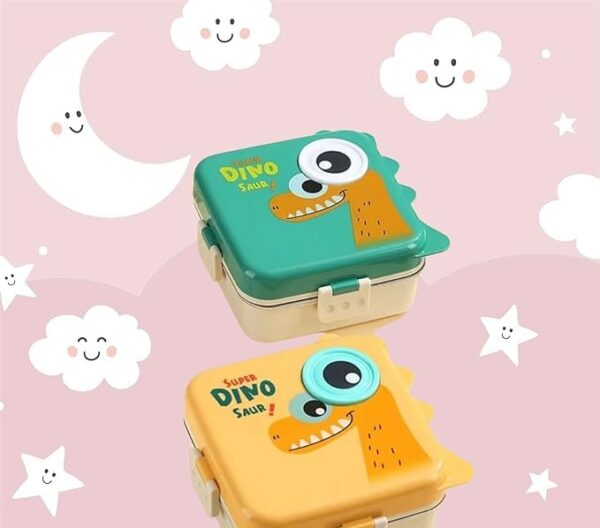 Dinosaur Bento Lunch Box with Lids, Stainless Steel-BPA-Free, Leak-Proof, with Steel Spoon (Green) - Image 3
