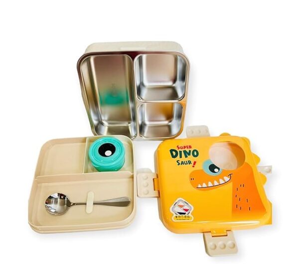 Dinosaur Bento Lunch Box with Lids, Stainless Steel-BPA-Free, Leak-Proof, with Steel Spoon (Green) - Image 4