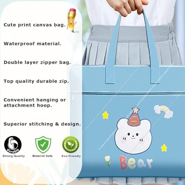 Stylish Cartoon Print Tote Bag File Bag Pencil Case Tuition Bag School Supplies Bag Multi-Purpose Reusable Travel Accessories Portable Carrying Bag for Kids (Blue) - Image 5