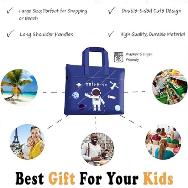 Stylish Cartoon Print Tote Bag File Bag Pencil Case Tuition Bag School Supplies Bag Multi-Purpose Reusable Travel Accessories Portable Carrying Bag for Kids (Blue) - Image 6