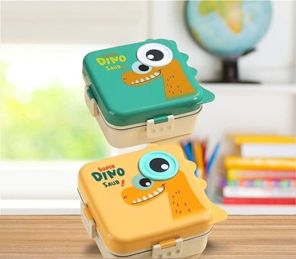 Dinosaur Bento Lunch Box with Lids, Stainless Steel-BPA-Free, Leak-Proof, with Steel Spoon (Green) - Image 2