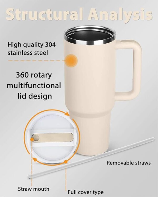 40 oz Tumbler With Handle and Straw Lid Insulated Reusable Stainless Steel Water Bottle Travel Mug Iced Coffee Cup Travel Mug for Hot and Cold Beverages 40 oz Tumbler with Handle - Image 7
