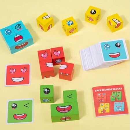 Toy Imagine Face Change Blocks Game for Kids - 4 Player Fun and Educational Emotion Recognition Toy with 72 Cards, 4 Sets of Cubes, and Bell