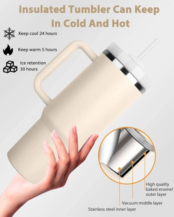 40 oz Tumbler With Handle and Straw Lid Insulated Reusable Stainless Steel Water Bottle Travel Mug Iced Coffee Cup Travel Mug for Hot and Cold Beverages 40 oz Tumbler with Handle - Image 6