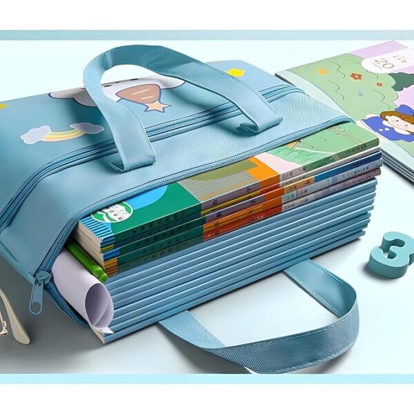 Stylish Cartoon Print Tote Bag File Bag Pencil Case Tuition Bag School Supplies Bag Multi-Purpose Reusable Travel Accessories Portable Carrying Bag for Kids (Blue) - Image 3