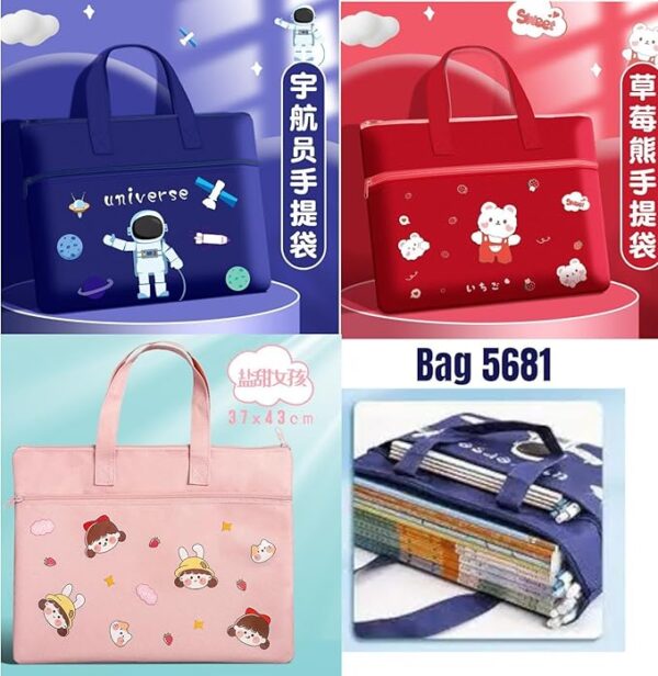 Stylish Cartoon Print Tote Bag File Bag Pencil Case Tuition Bag School Supplies Bag Multi-Purpose Reusable Travel Accessories Portable Carrying Bag for Kids (Blue) - Image 4