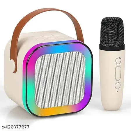 Portable Bluetooth Karaoke Speaker with Wireless Microphone, Dynamic Lights, MP3 Player, USB Charging Cable, Beige