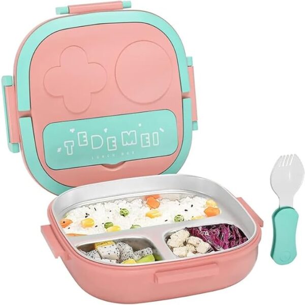 Stainless Steel Bento Lunch Box for Kids and Adults, Stackable BPA-Free Food Containers with 3 Compartments and Fork, 550ML (Pink)