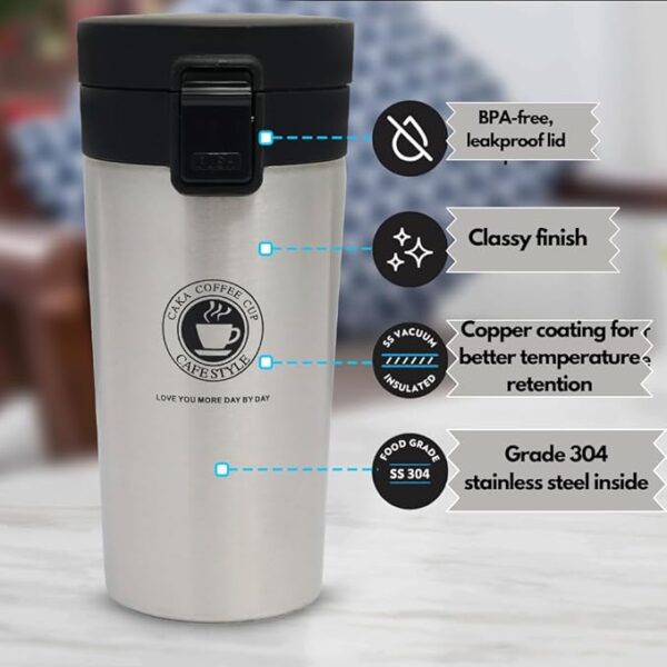 Little Station Coffee Mug with Lid Double Wall Stainless-Steel Tea Coffee Mug Tumbler with Flip Lid Hot and Cold for 6 Hours, 350ml (Silver) - Image 4