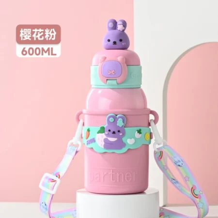 Little Station Kuggi Stainless Steel Water Bottles, 500 ML Insulated Double Wall Water Bottle With Trendy Strap Perfect For School (Pink)